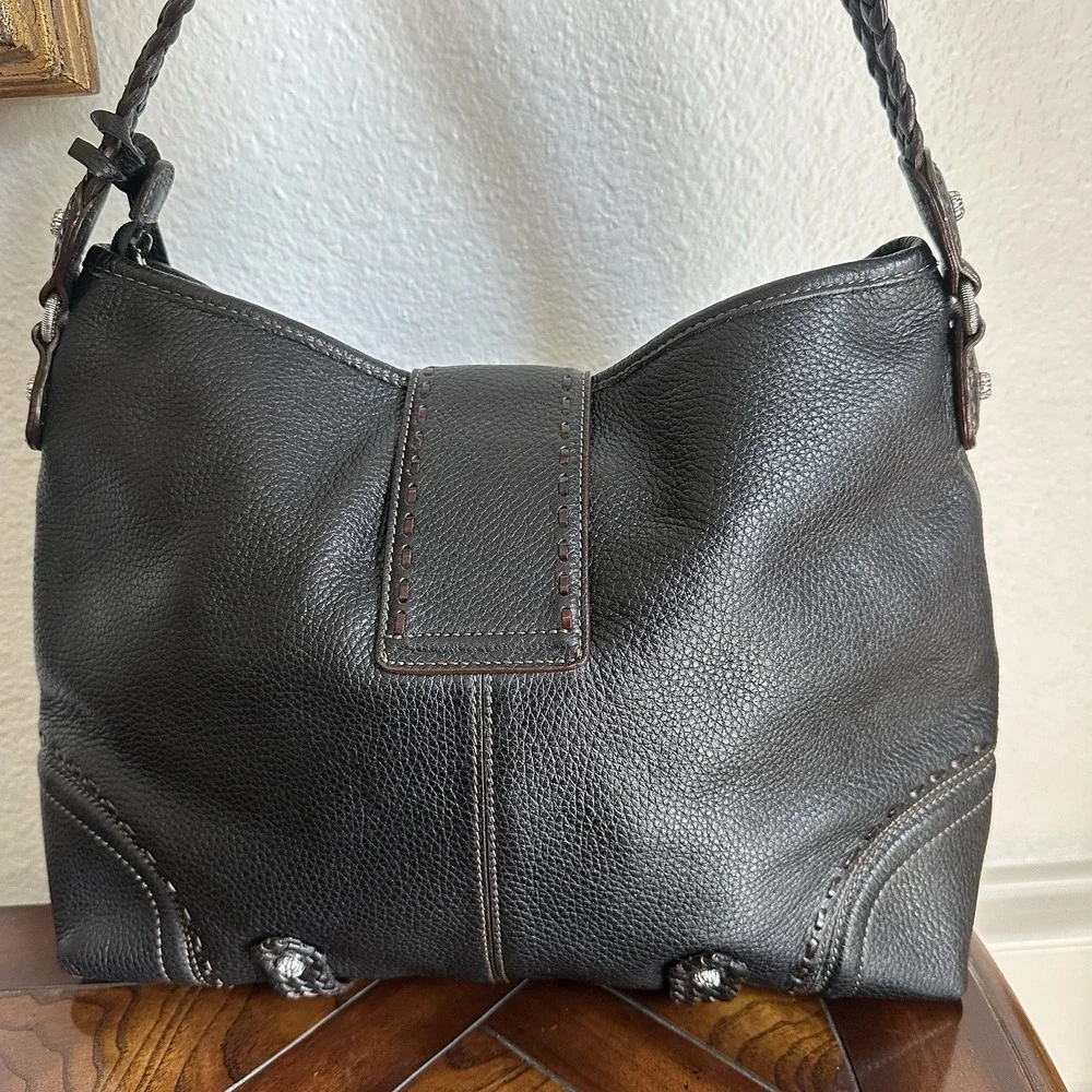 VTG Brighton Leather Handbag‎ Purse 11x14 Inch Black Woven Handle Buckle Accent
